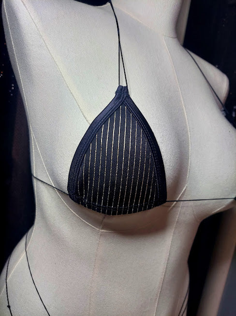 One of a Kind 🖤 Black & Gold Pinstripe Bikini ✨ Sexy 2PC with Skinny Strings | Rave, Pole, Stripper Vibes