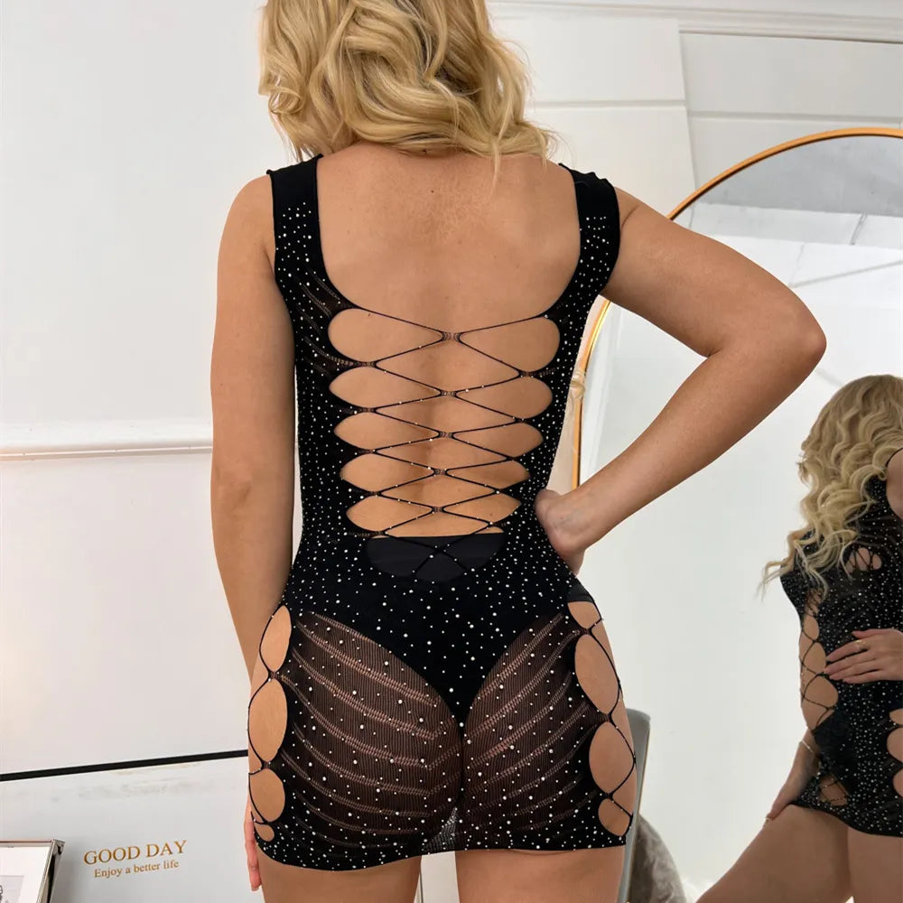 💎Sexy Rhinestone Mesh Tank Dress ✨ Strappy Cut-Out Mini 🔥 | Rave, Pole, Stripper, Festival Fit