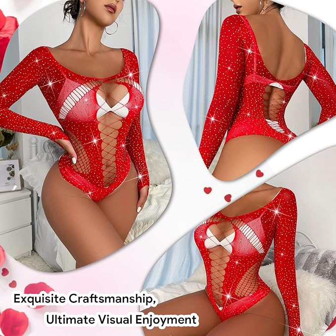 Rhinestone Fishnet Mesh Bodysuit – Off-Shoulder Thong Back | Sexy Rave, Pole & Stripper Outfit