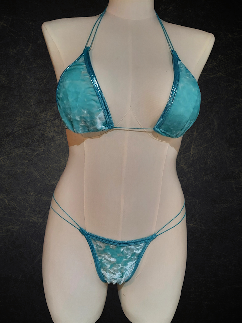 Mermaid Velvet 2-Piece Bikini Set – Seafoam Green Sparkly Trim Dancewear | Luxe Festival, Pole & Rave Fit